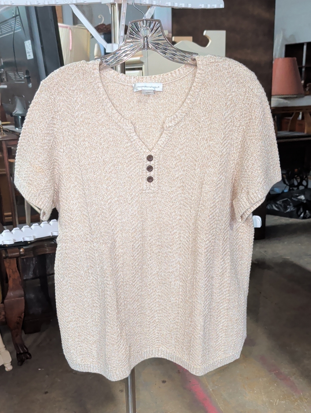 Christopher & Banks Ramie Cotton Short Sleeve Henley Knit Sweater Cream